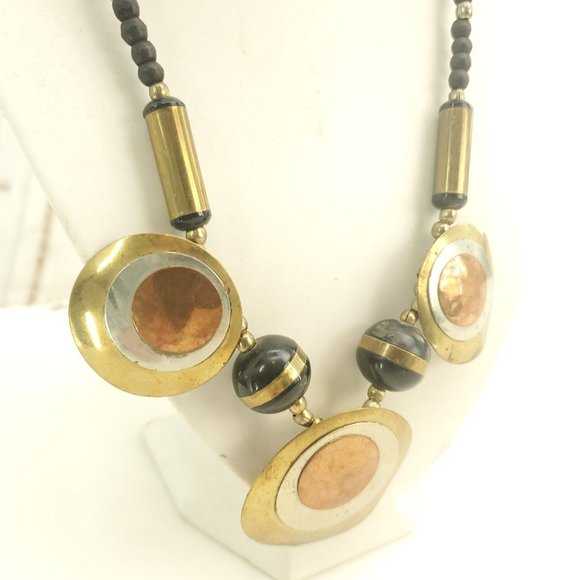 Womens Black Beads Hammered Circular Discs Bronze Metal Statement Necklace - Picture 4 of 14